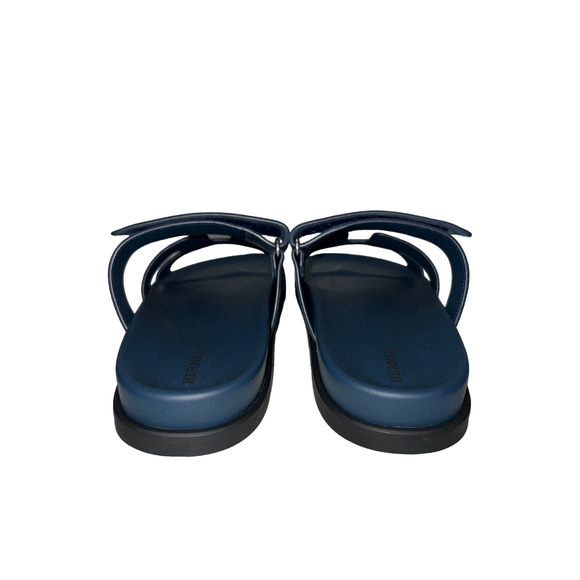 Hermes Chypre Sandal Blue Celeste Dark Suede Logo Strap Slide Slip On Flat 42 - Picture 10 of 11